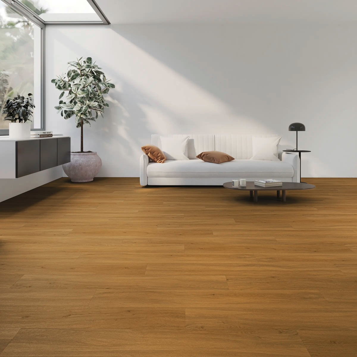 JOKA Design 340 Dryback 2812 Pure Oak Klebevinyl im weißen Wohnzimmer mit Sofa und großem Oberlicht