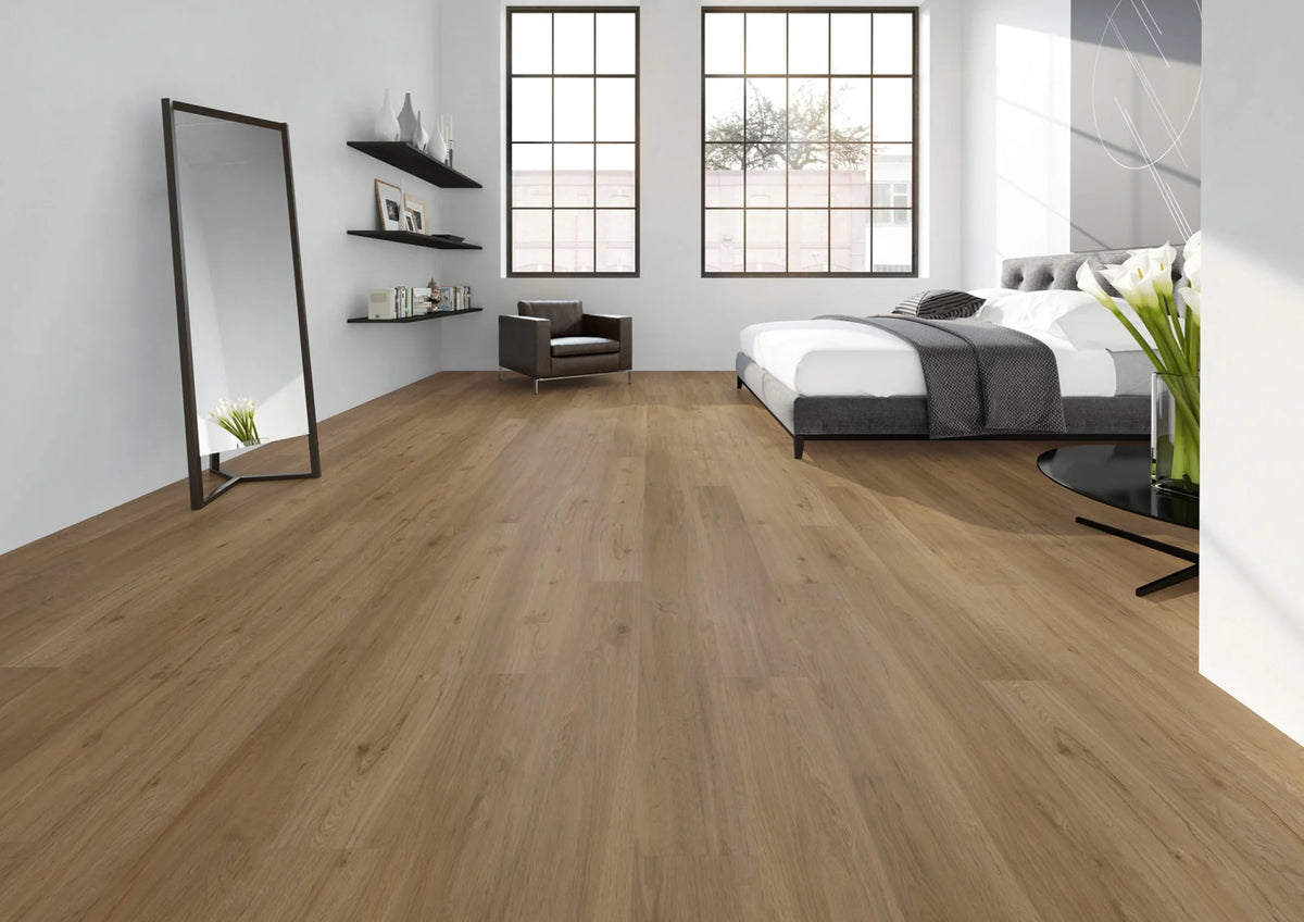 JOKA Design 340 Dryback 2833 Waxed Oak Klebevinyl im Schlafzimmer mit grauem Bett, Standspiegel und großen Sprossenfenstern