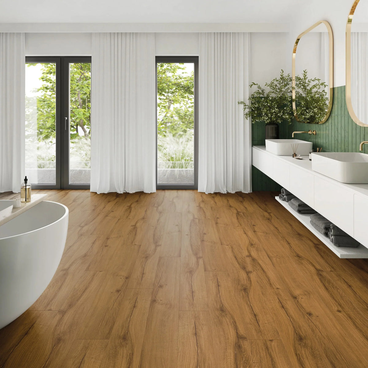 JOKA Design 340 Dryback 2873 Rustic Charm Oak EIR Klebevinyl im Badezimmer mit weißen Vorhängen, Doppelwaschtisch und freistehender Wanne