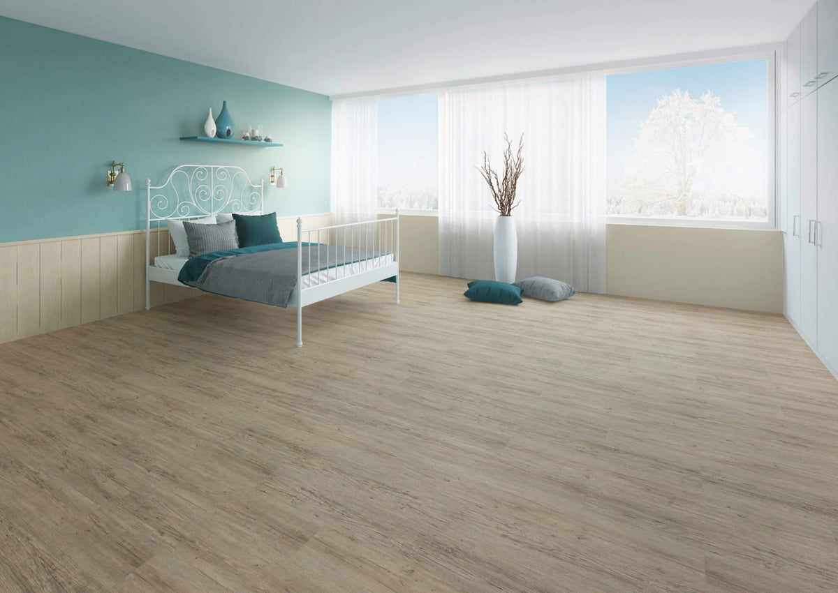 JOKA Design 340 Dryback 2834 Grey Pine Klebevinyl im Schlafzimmer mit weißem Metallbett und türkisfarbener Wand