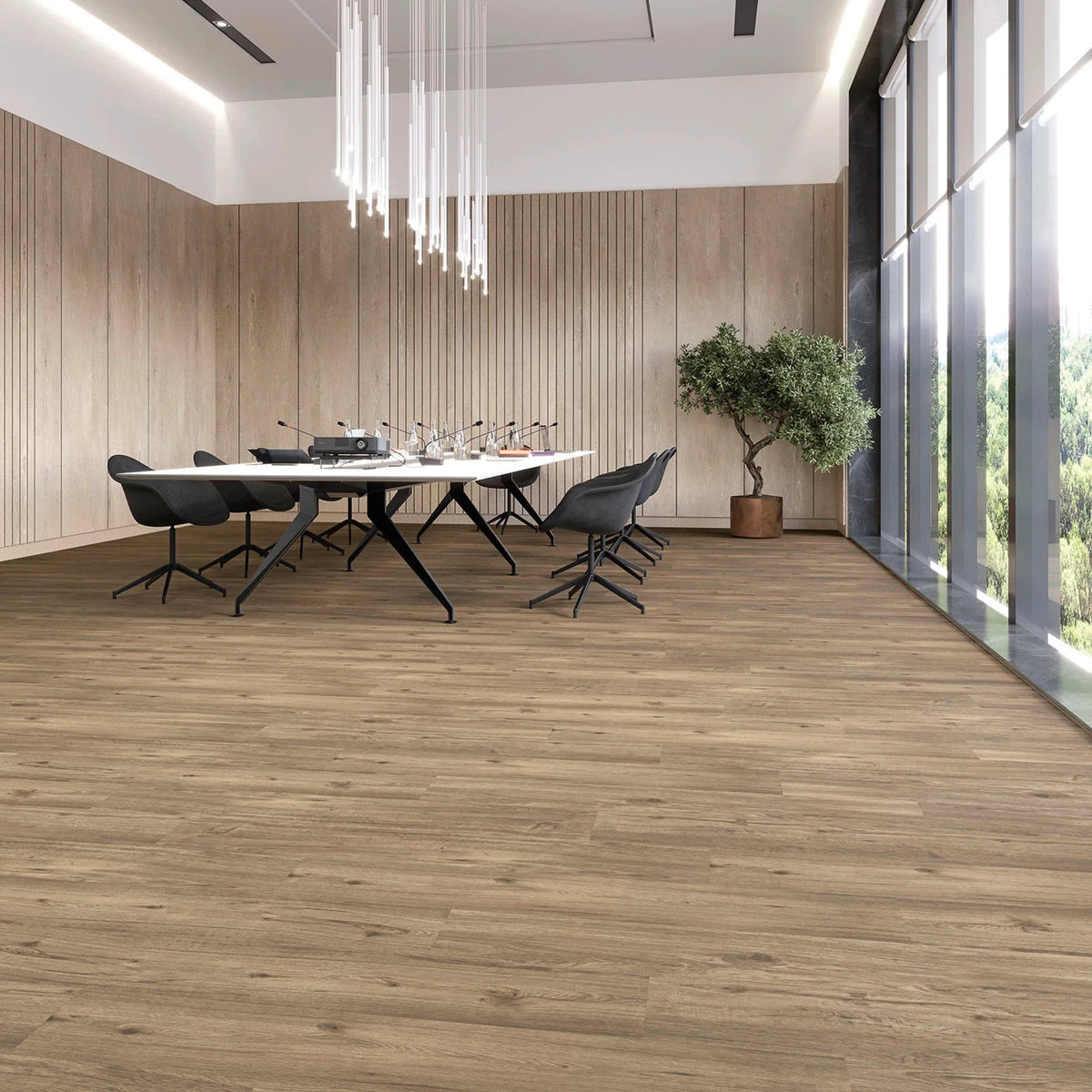 JOKA Design 555 Click 509 Spring Oak Klick Vinyl in einem modernen Konferenzraum mit heller Eichenoptik