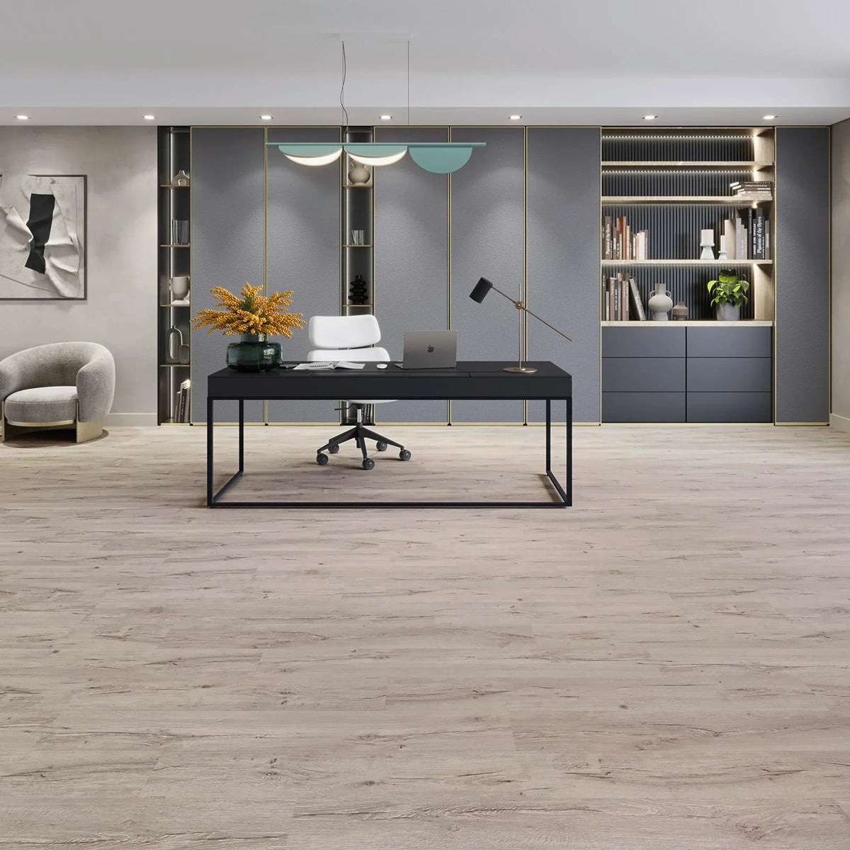 JOKA Design 555 Click 529 Rustic Grey Oak Klick Vinyl in einem modernen Büro mit heller grauer Eichenoptik
