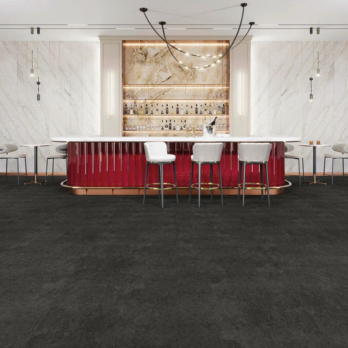 JOKA Design 555 Click 542 Black Slate Klick Vinyl in einer eleganten Bar mit anthrazitfarbener Steinoptik