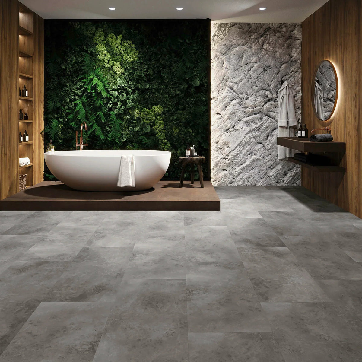 JOKA Design 555 Click 606 Hazy Night Klick Vinyl in einem modernen Badezimmer mit dunkler grauer Steinoptik