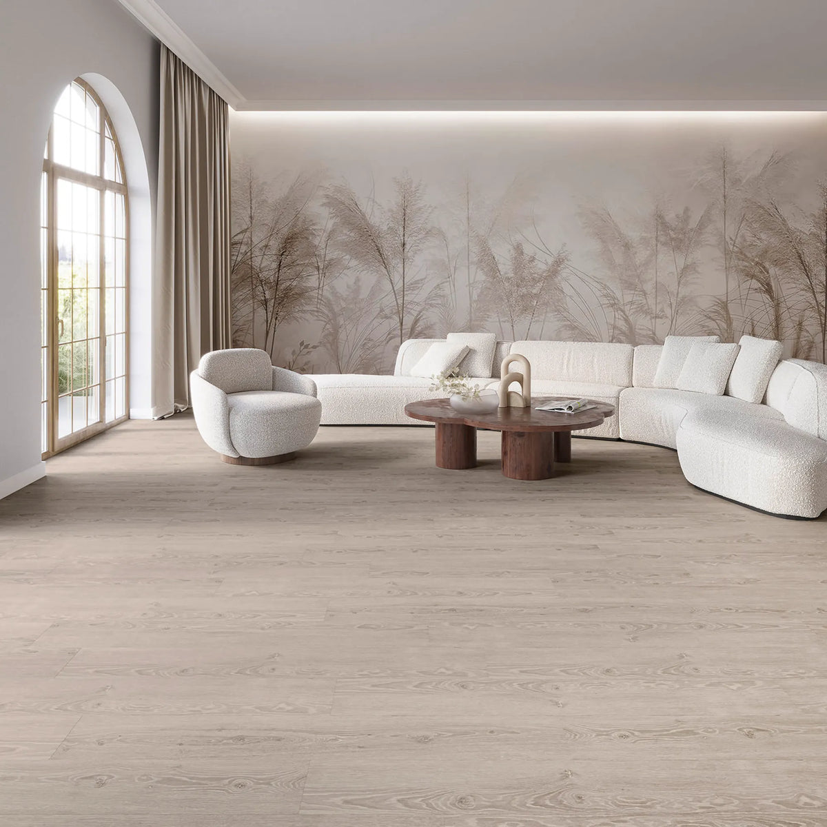 JOKA Design 555 Dryback 5303 Perfect Grey Oak Klebevinyl in einem eleganten hellen Wohnzimmer mit grauer Eichenoptik