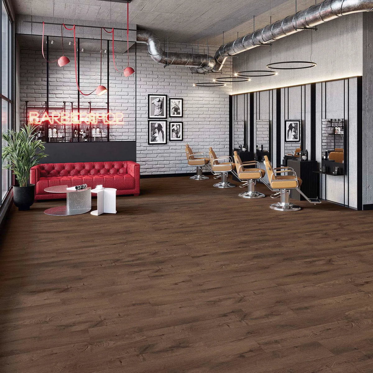 JOKA Design 555 Dryback 5310 Warm Chestnut Klebevinyl in einem modernen Friseursalon mit warmer Kastanienoptik