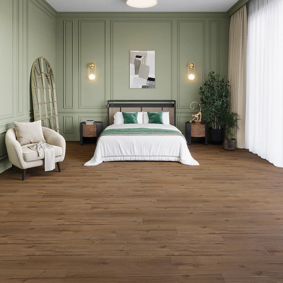 JOKA Design 555 Dryback 5312 Aged Oak Klebevinyl in einem Schlafzimmer mit grüner Wand und gereifter Eichenoptik