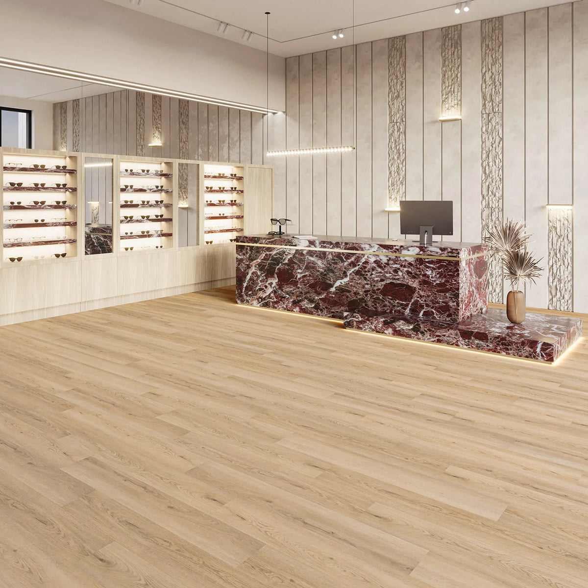 JOKA Design 555 Dryback 5313 Toasted Oak Klebevinyl in einem eleganten Geschäft mit Naturstein Empfangstheke und warmer Eichenoptik