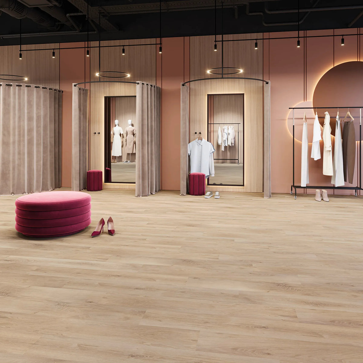 JOKA Design 555 Dryback 5314 Grey Shadow Oak Klebevinyl in einer modernen Modeboutique mit Umkleidekabinen und heller Graueiche