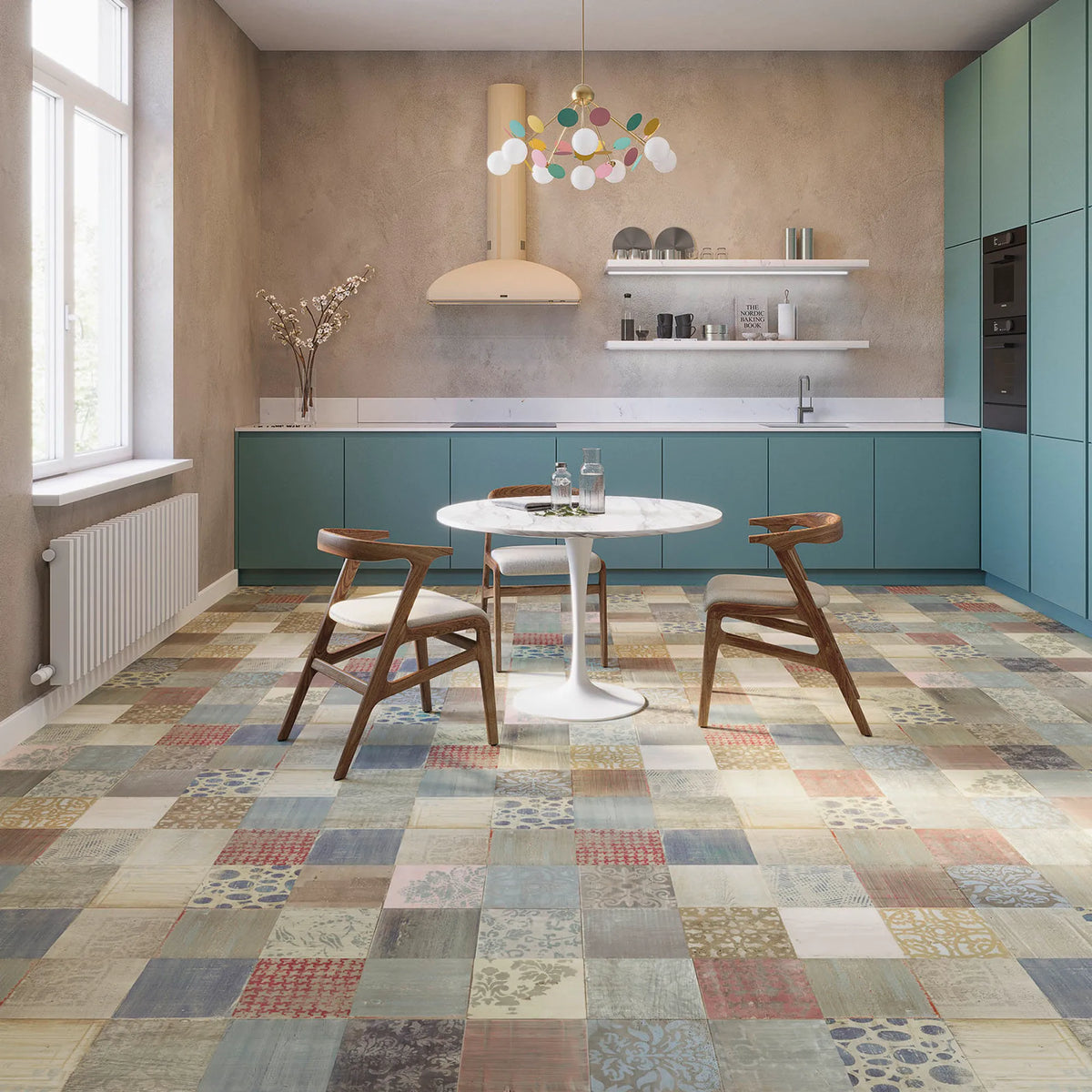 JOKA Design 555 Dryback 5458 Mixed Ornament Klebevinyl in einer modernen Küche mit farbigen Ornamentfliesen