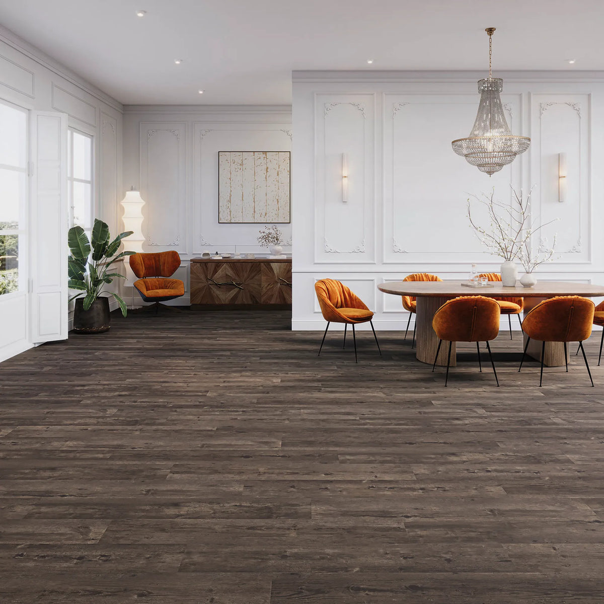 JOKA Design 555 Dryback 5514 Hickory Klebevinyl in einem eleganten Esszimmer mit dunkler rustikaler Holzoptik