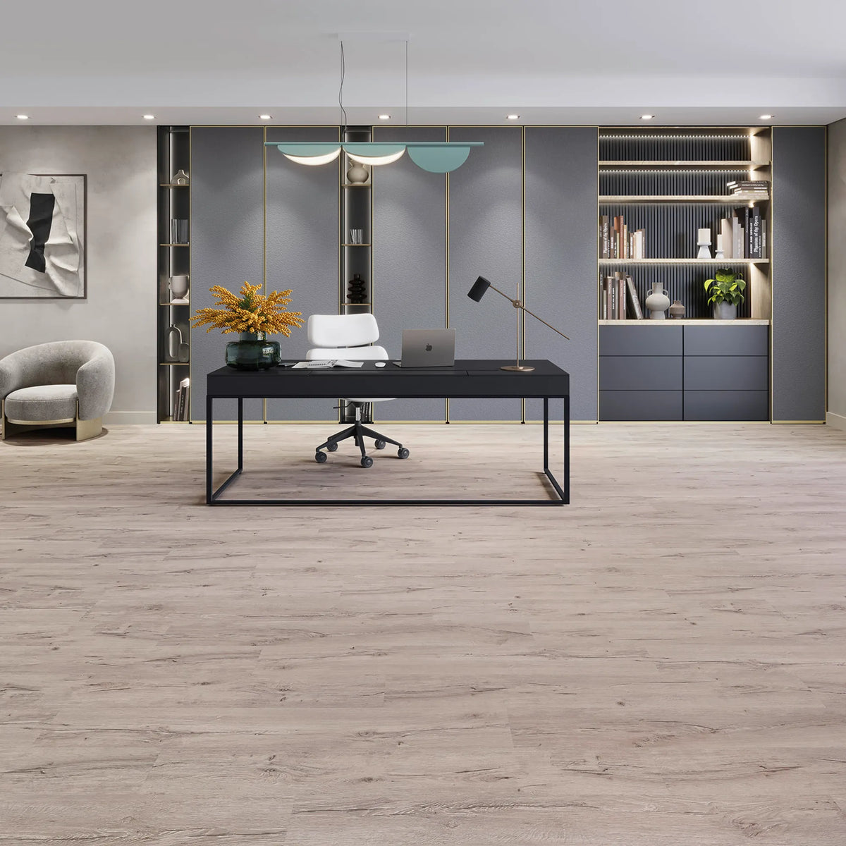 JOKA Design 555 Dryback 5529 Rustic Grey Oak Klebevinyl in einem modernen Büro mit heller grauer Eichenoptik