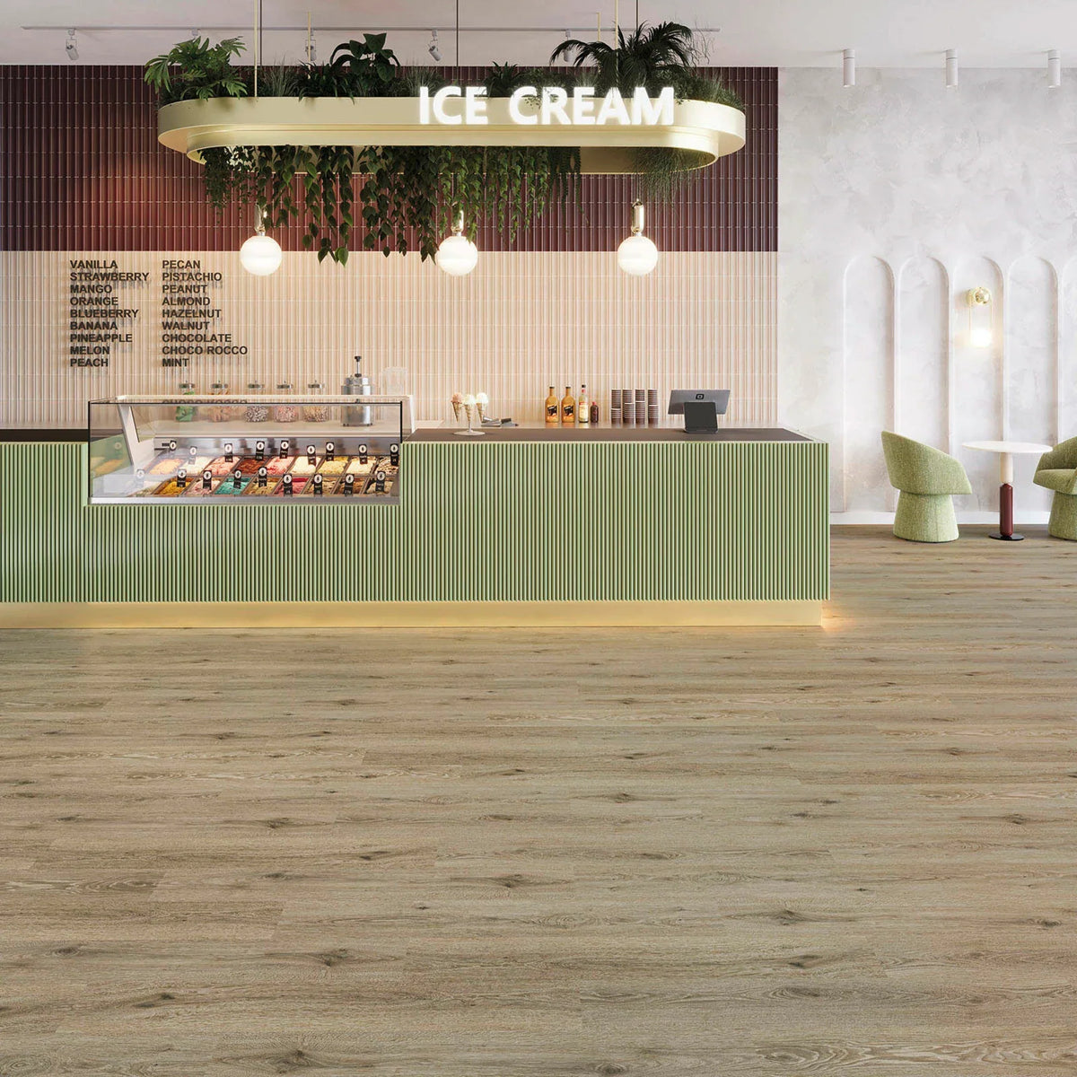 JOKA Design 555 Dryback 5541 Smoky Oak Klebevinyl in einer modernen Eisdiele mit graubrauner Eichenoptik