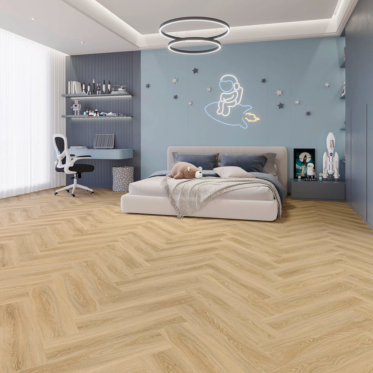 JOKA Design 555 Evolut 102 Frosty Oak Fischgrät Klick Vinyl in einem hellen Kinderzimmer mit blauer Wand und natürlichem Fischgrätboden