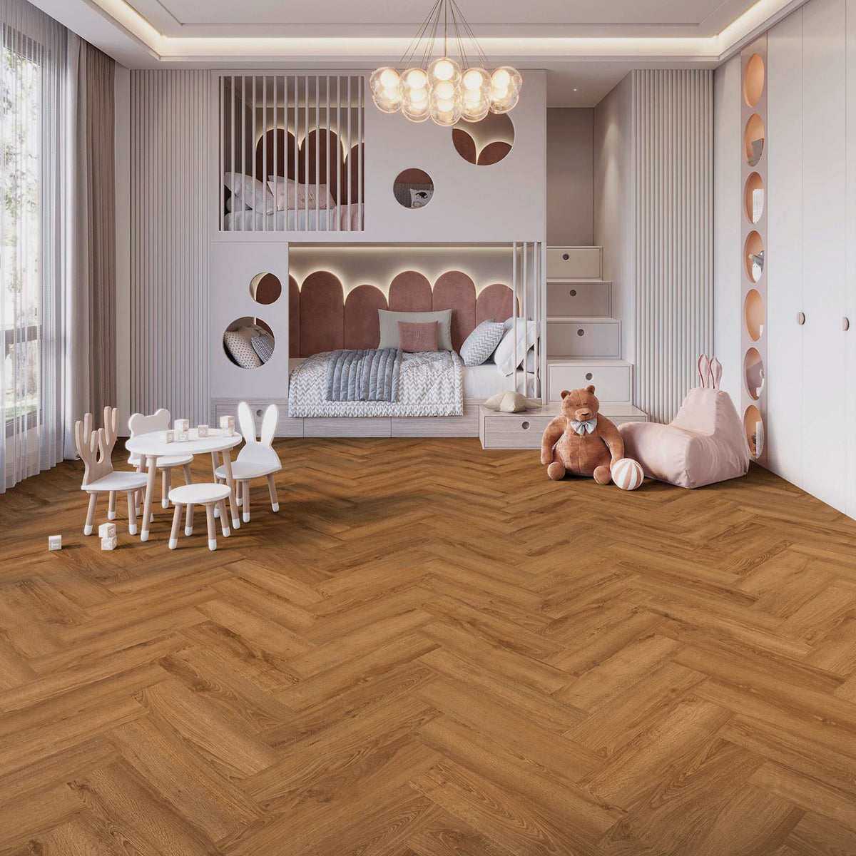 JOKA Design 555 Evolut 105 Cognac Oak EIR Fischgrät Klick Vinyl in einem freundlich gestalteten Kinderzimmer mit warmer Fischgrätoptik