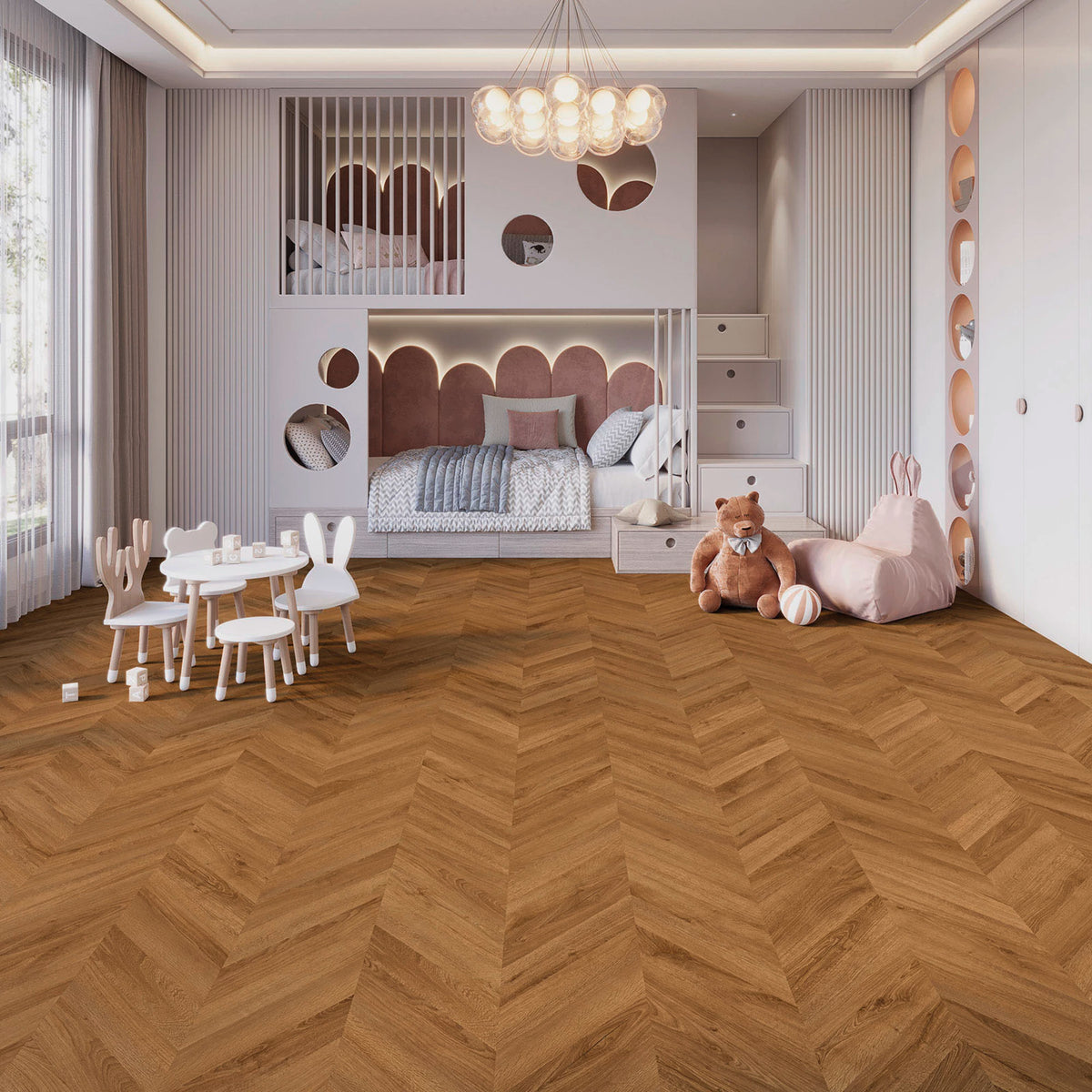 JOKA Design 555 Evolut Chevron Dryback 5805 Cognac Oak EIR Klebevinyl in einem freundlich gestalteten Kinderzimmer mit warmer Chevronoptik