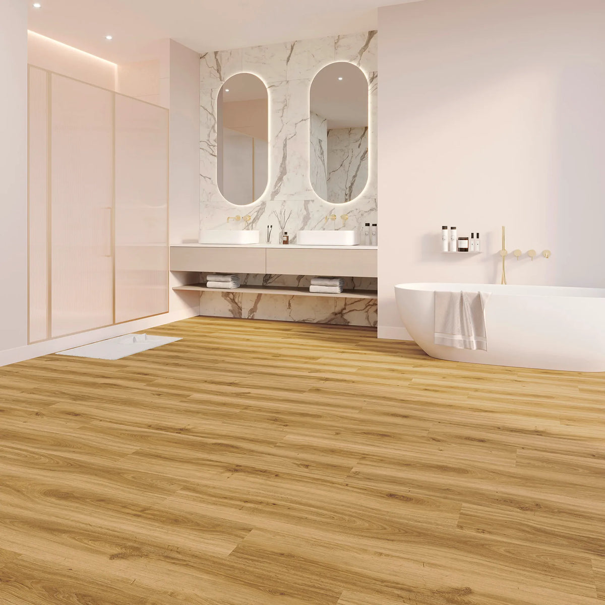Modernes Badezimmer mit JOKA Design 555 Evolut Dryback 5903 Amber Oak in warmer Eichenoptik