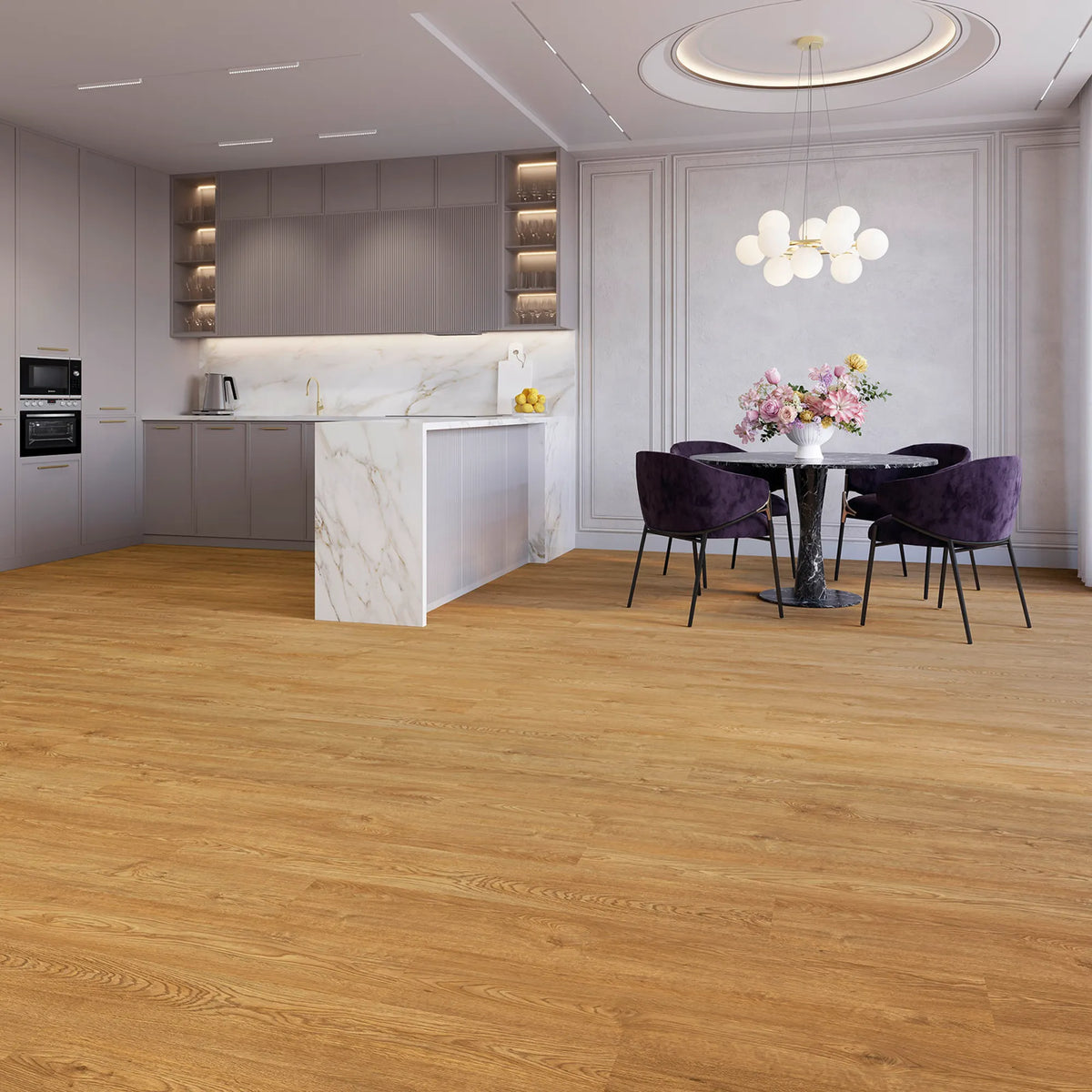 Moderne Wohnküche mit JOKA Design 555 Evolut Dryback 5904 Palm Oak EIR in warmer Eichenoptik