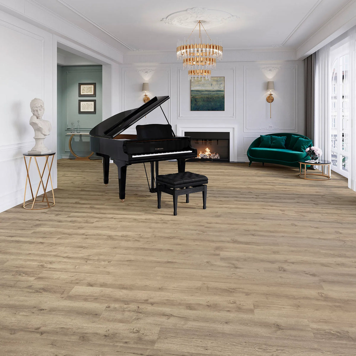 Elegantes Musikzimmer mit Flügel und JOKA Design 555 Evolut Dryback 5907 Taupe Oak EIR