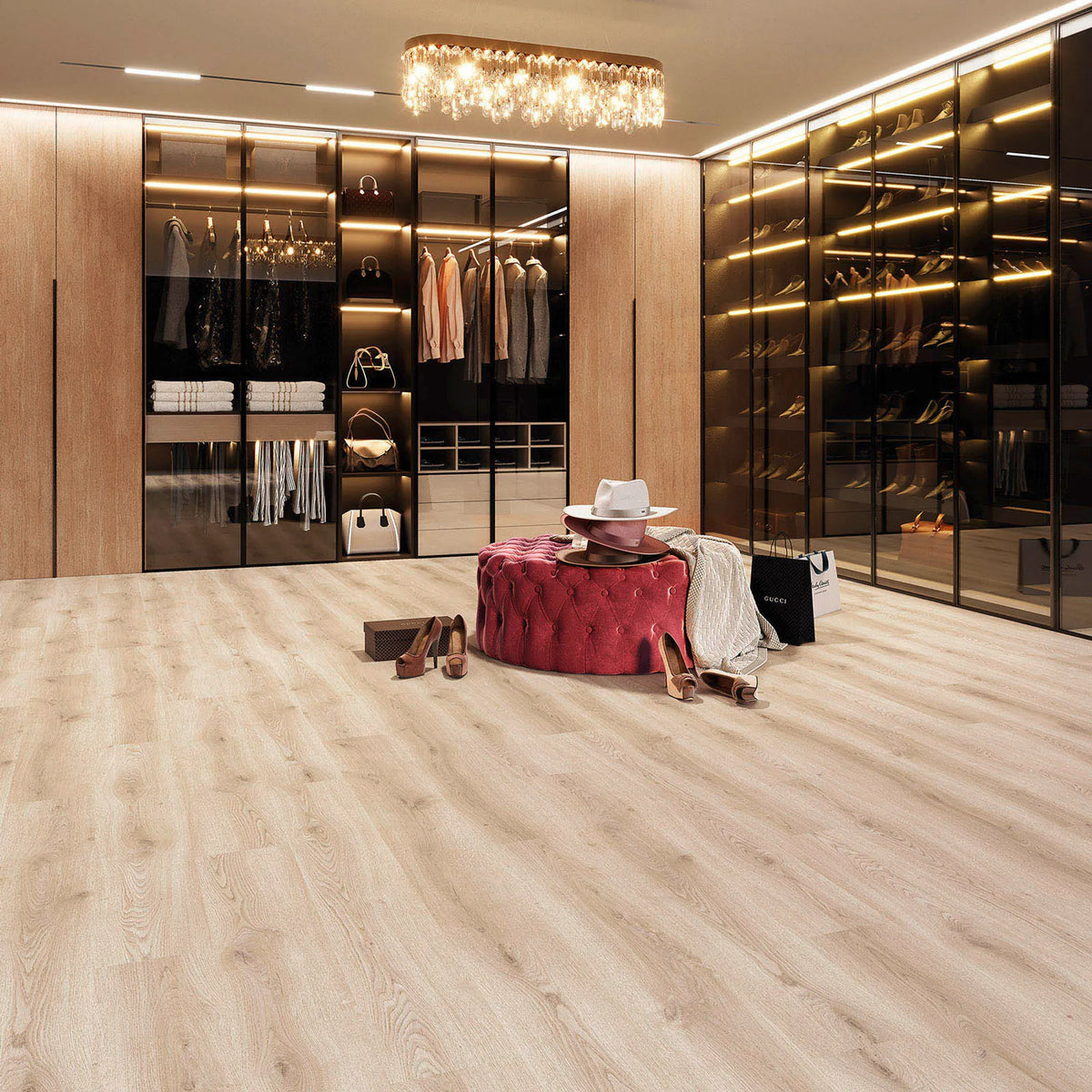 Elegantes Ankleidezimmer mit JOKA Design 555 Evolut Dryback 5910 Desert Oak in heller Eichenoptik