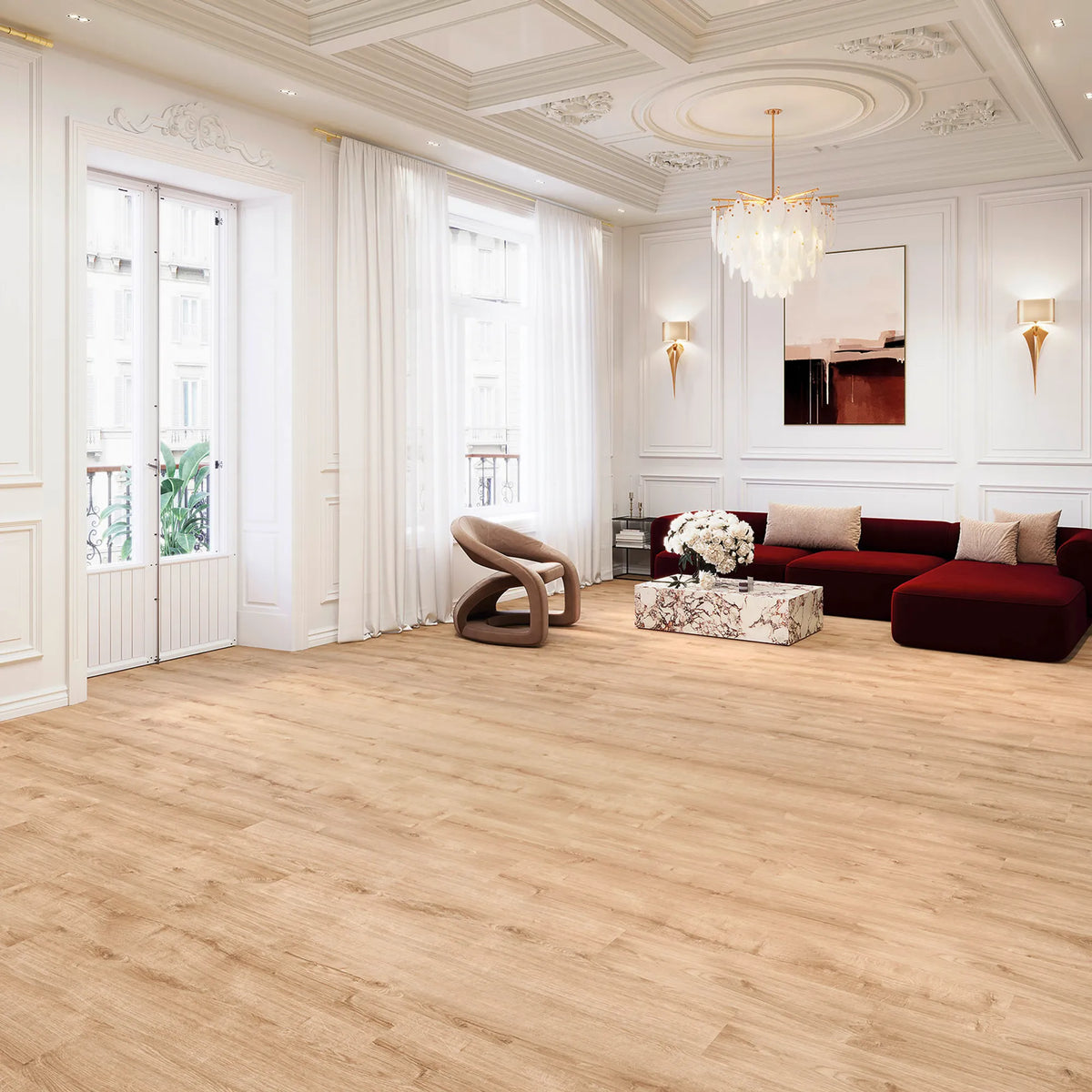 Elegantes Wohnzimmer mit JOKA Design 555 Evolut Dryback 5912 Copper Oak EIR in warmer Eichenoptik