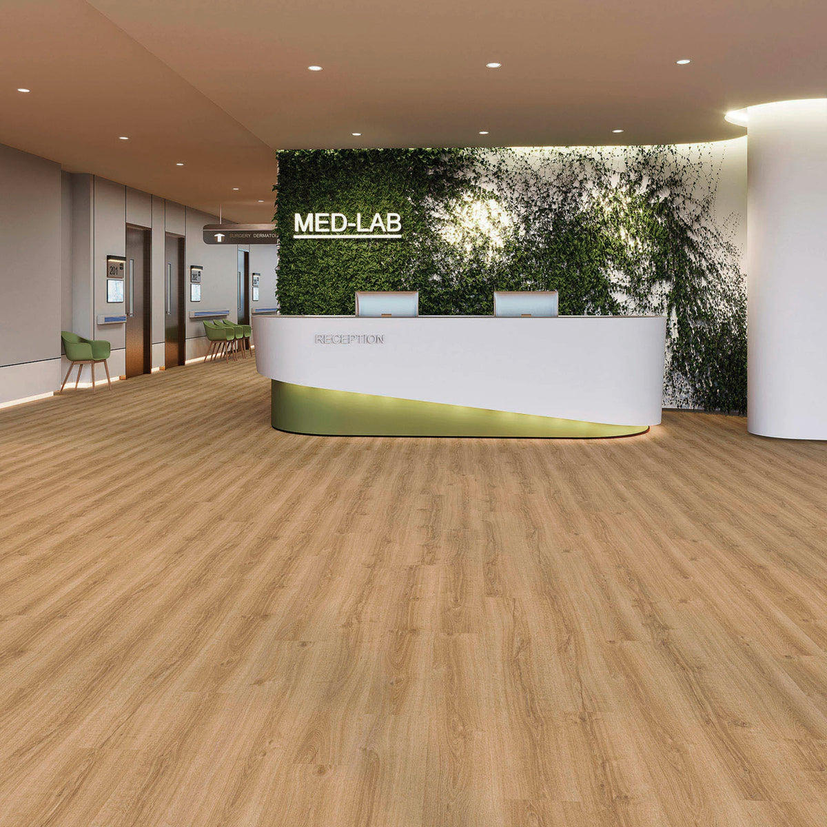 JOKA Design 555 Evolut Dryback 5914 Summer Oak Klebevinyl in einem hellen Empfangsbereich mit begrünter Wand