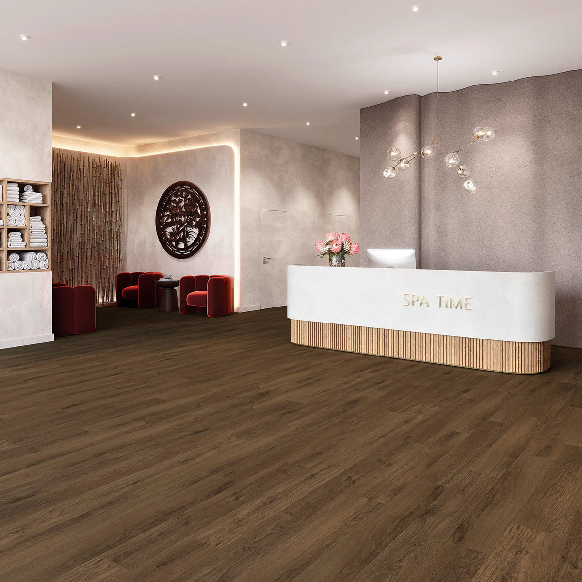 Eleganter Empfangsbereich mit JOKA Design 555 Evolut Dryback 5916 Chestnut Oak EIR in dunkler Eichenoptik