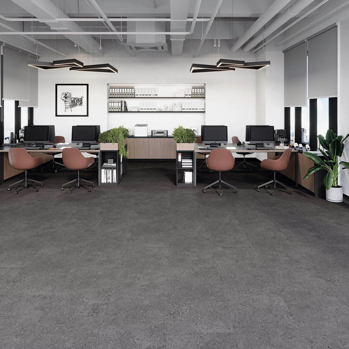 Modernes Großraumbüro mit JOKA Design 555 Evolut Dryback 5921 Grey Terrazzo in grauer Steinoptik