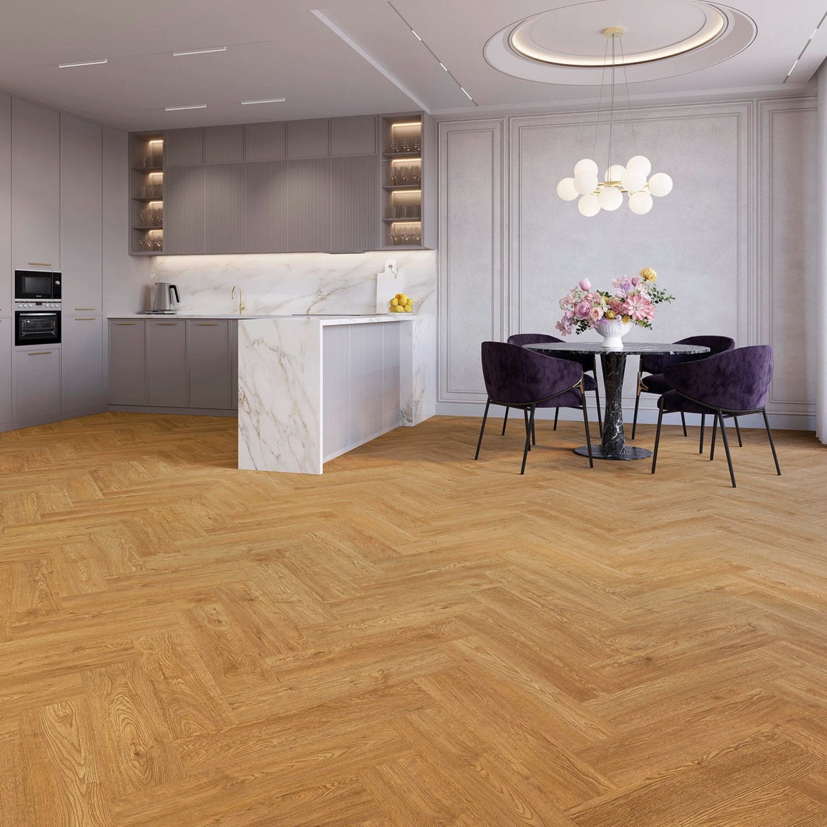 JOKA Design 555 Evolut Fischgrät Dryback 5104 Palm Oak EIR Klebevinyl in einer eleganten Wohnküche mit goldbraunem Fischgrätboden