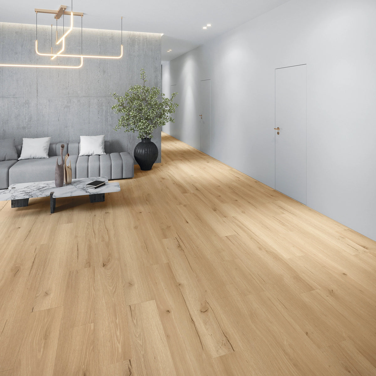 Modernes Wohnzimmer mit JOKA Design 555 Wooden Styles 702X Oak Cream EIR Klick Vinyl in warmer Eichenoptik
