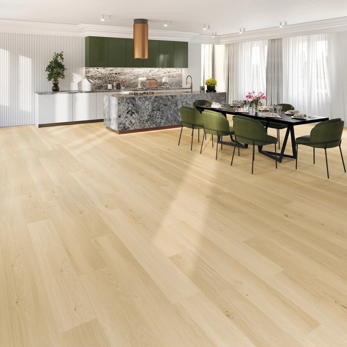 Helle Wohnküche mit JOKA Design 555 Wooden Styles 703X Oak Nordic EIR Klick Vinyl in nordischer Eichenoptik