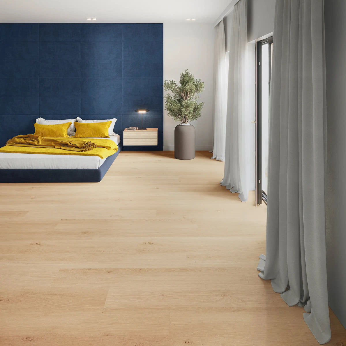 Modernes Schlafzimmer mit JOKA Design 555 Wooden Styles 704X Oak Blond EIR Klick Vinyl in hellgoldener Eichenoptik