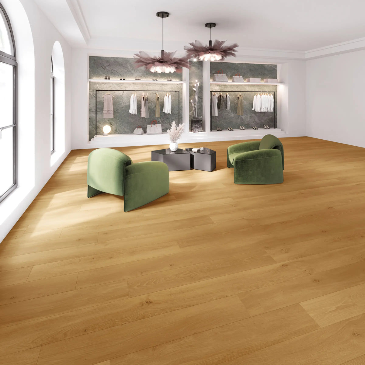 Helle Lounge mit JOKA Design 555 Wooden Styles 705X Oak Natural EIR Klick Vinyl in natürlicher Eichenoptik