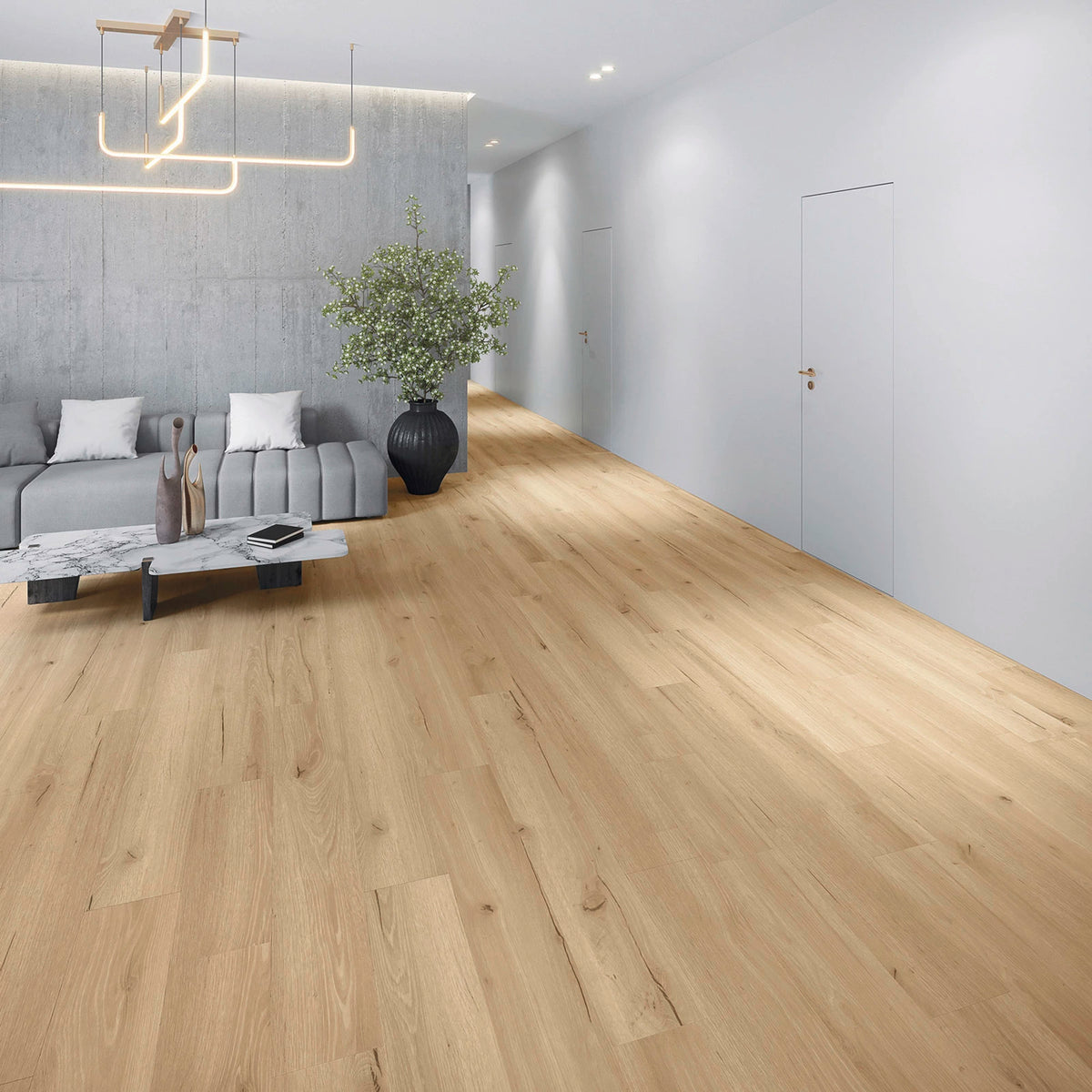 Modernes Wohnzimmer mit JOKA Design 555 Wooden Styles Dryback 5702 Oak Cream EIR als Klebevinyl in warmer Eichenoptik
